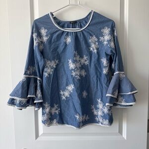 Embroidered Blue Peasant Top with Ruffle Sleeves